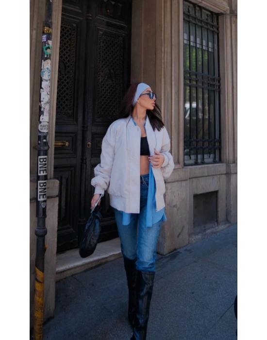 Cepli Bomber Ceket Mont - Beyaz