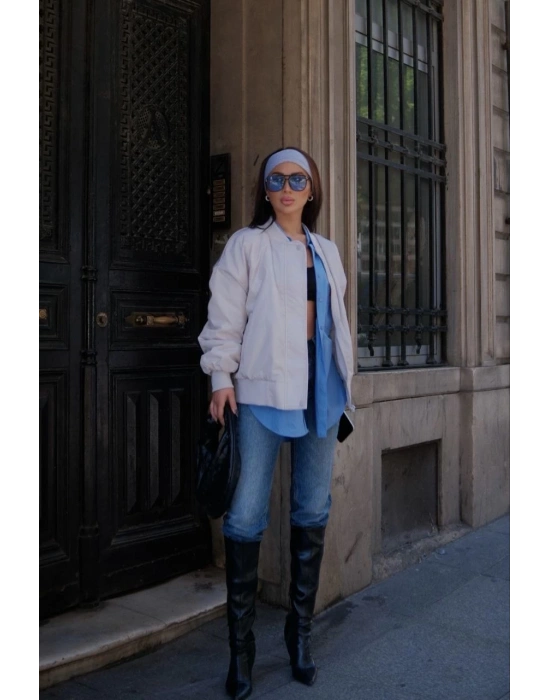 Cepli Bomber Ceket Mont - Beyaz