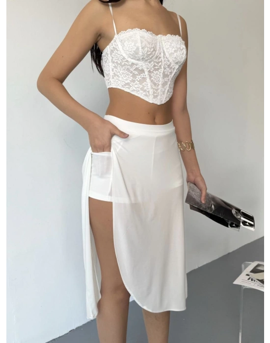 Çepli Şortlu Yırtmaçlı Etek - Beyaz