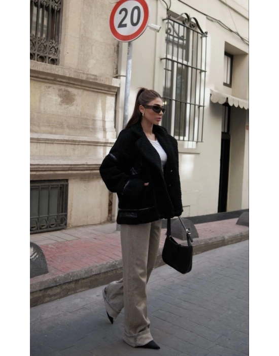 Cıt Cıt Detaylı Peluş Mont Ceket - Siyah