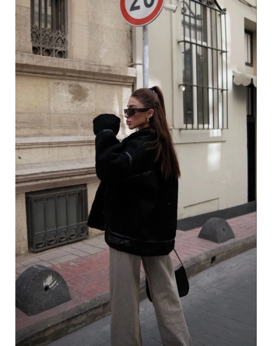 Cıt Cıt Detaylı Peluş Mont Ceket - Siyah