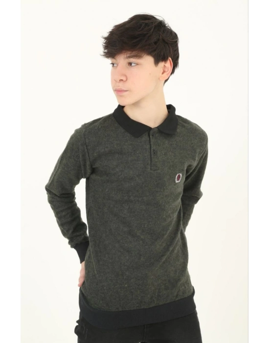 Çocuk Selanik Yaka Nakışlı Kazak - Haki