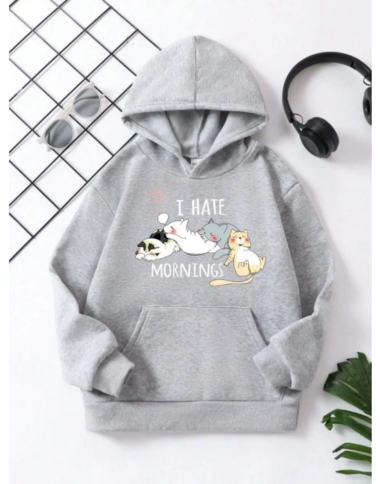 Çocuk Unisex Kapüşonlu Kedicik Baskılı Pamuklu Sweatshirt - Gri