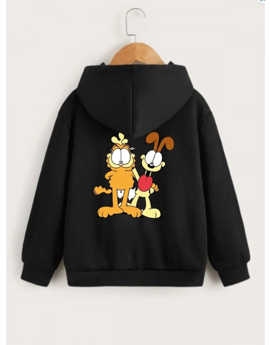 Çocuk Unisex Kapüşonlu Ön ve Arka Garfield Baskılı Sweatshirt - Siyah