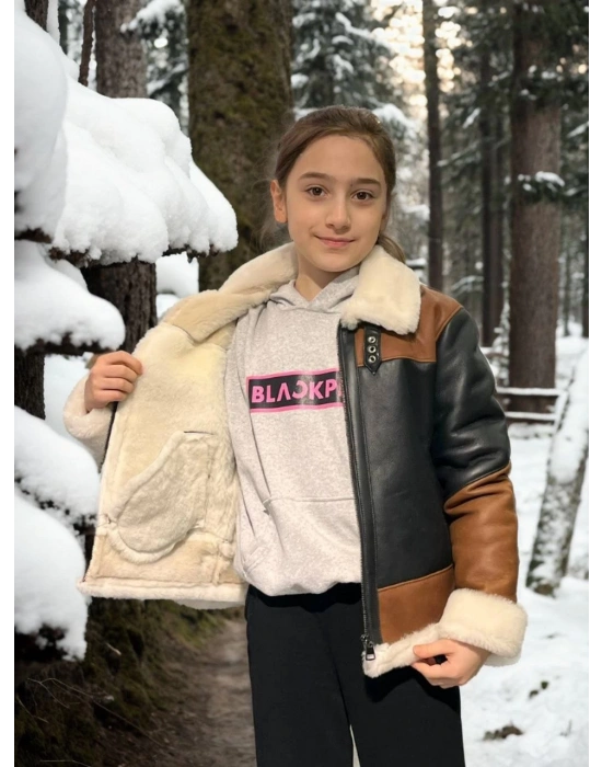 Çocuk Yakalı Parçalı Kürk - Kahve