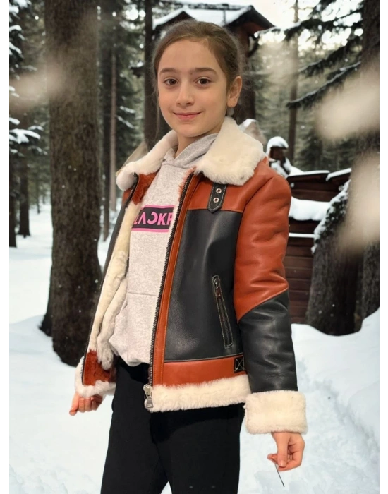 Çocuk Yakalı Parçalı Kürk - Kiremit