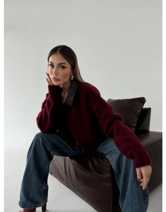 Deri Yakalı Pamuk dokulu Çift Taraflı Çalışan Fermuar Ceket - Bordo