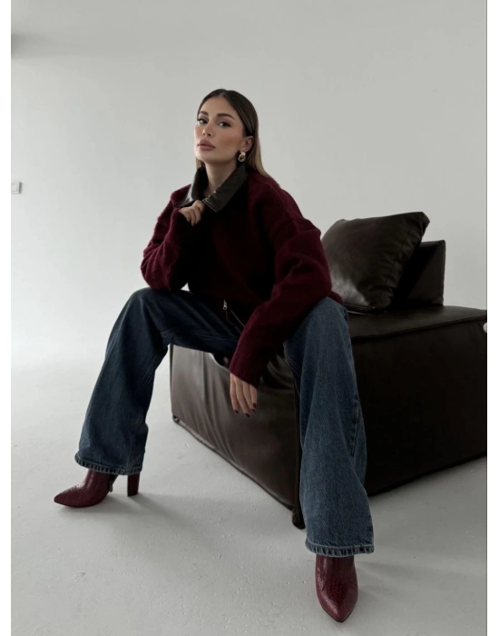 Deri Yakalı Pamuk dokulu Çift Taraflı Çalışan Fermuar Ceket - Bordo