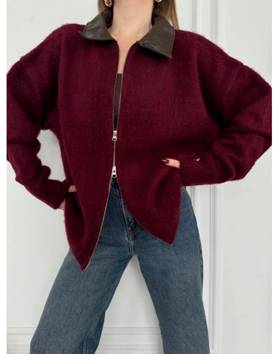Deri Yakalı Pamuk dokulu Çift Taraflı Çalışan Fermuar Ceket - Bordo