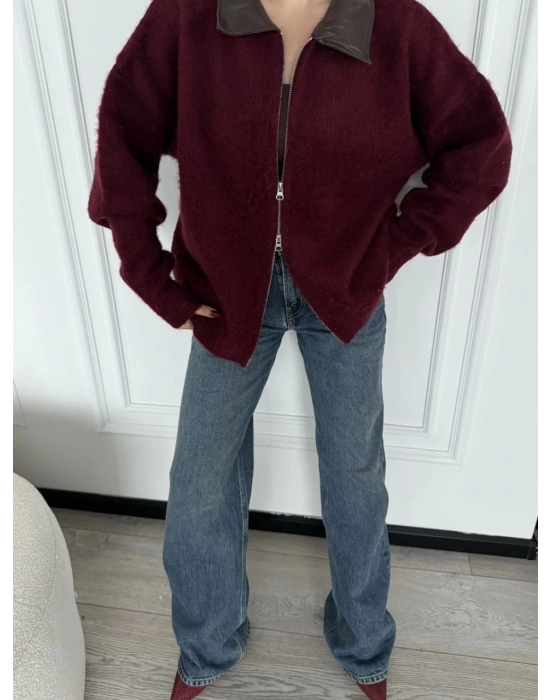 Deri Yakalı Pamuk dokulu Çift Taraflı Çalışan Fermuar Ceket - Bordo