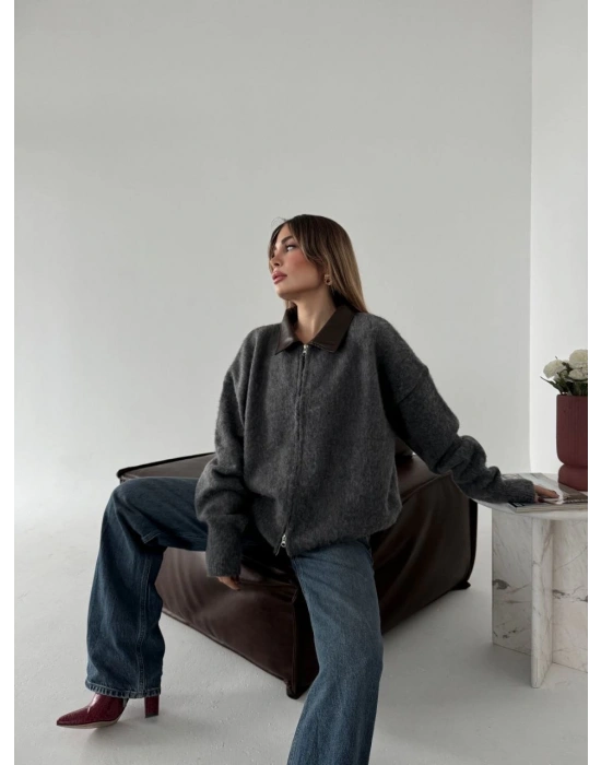 Deri Yakalı Pamuk dokulu Çift Taraflı Çalışan Fermuar Ceket - Füme