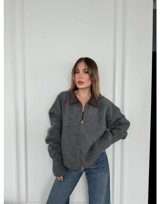 Deri Yakalı Pamuk dokulu Çift Taraflı Çalışan Fermuar Ceket - Füme