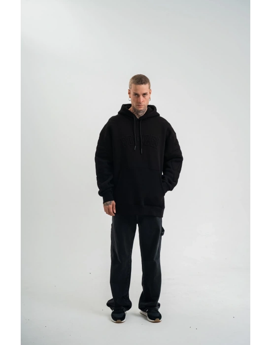 Double Oversize Kapşonlu Nakışlı SweatShirt - Siyah