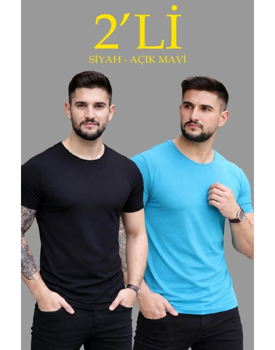 Erkek 2li Bisiklet Yaka Tişört – Kısa Kollu Yazlık Slim Fit Body - Siyah & Açık Mavi