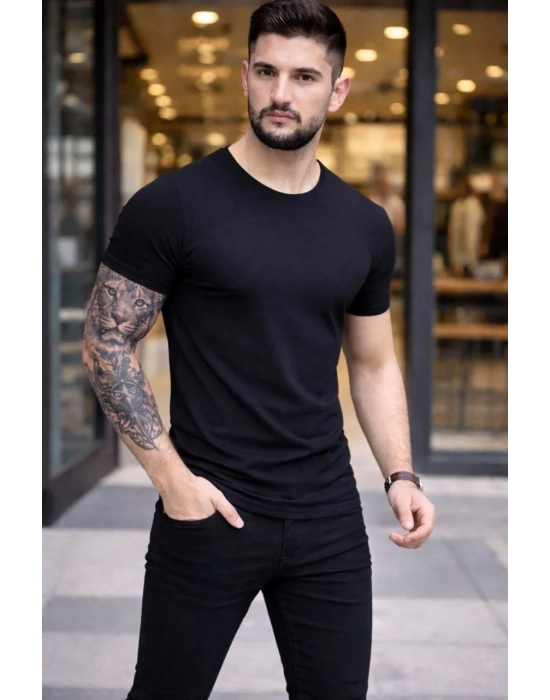 Erkek 2li Bisiklet Yaka Tişört – Kısa Kollu Yazlık Slim Fit Body - Siyah & Açık Mavi