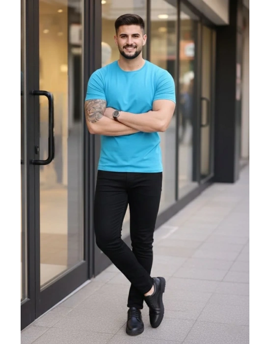 Erkek 2li Bisiklet Yaka Tişört – Kısa Kollu Yazlık Slim Fit Body - Siyah & Açık Mavi