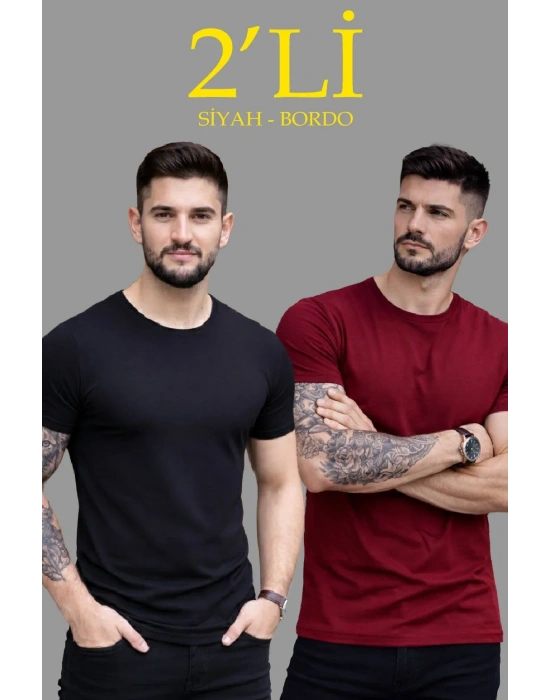 Erkek 2li Bisiklet Yaka Tişört – Kısa Kollu Yazlık Slim Fit Body - Siyah & Bordo