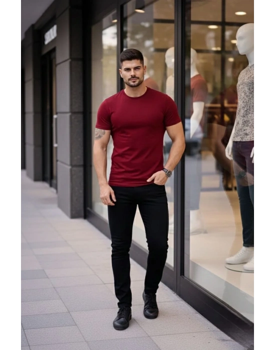 Erkek 2li Bisiklet Yaka Tişört – Kısa Kollu Yazlık Slim Fit Body - Siyah & Bordo