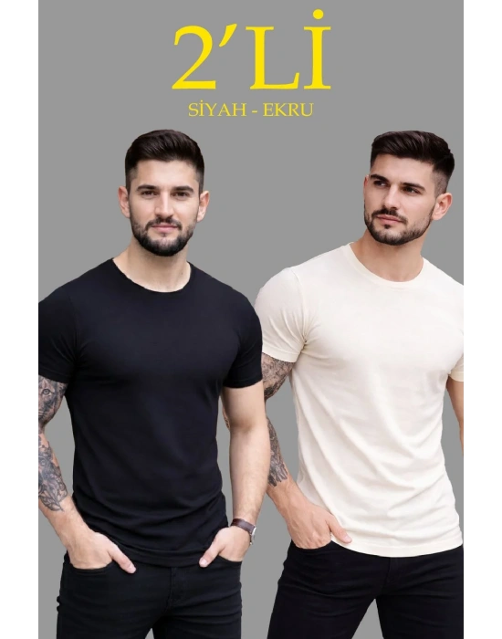 Erkek 2li Bisiklet Yaka Tişört – Kısa Kollu Yazlık Slim Fit Body - Siyah & Ekru