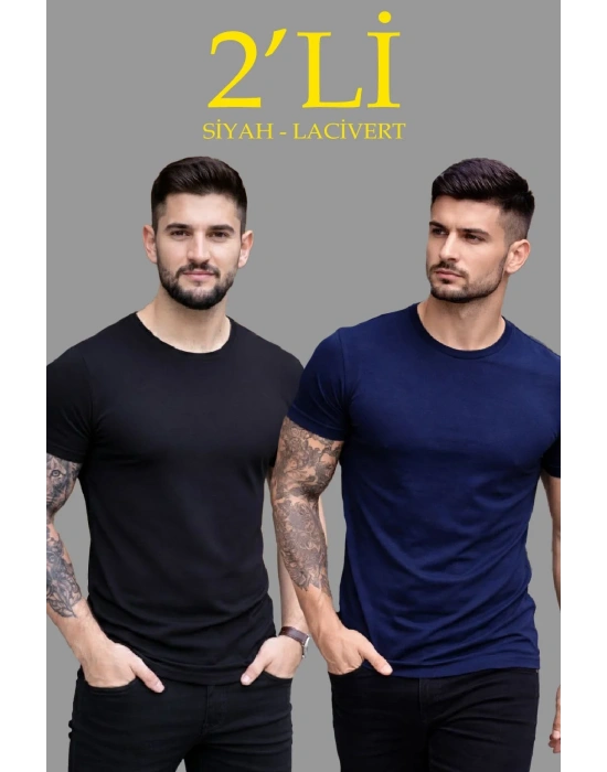 Erkek 2li Bisiklet Yaka Tişört – Kısa Kollu Yazlık Slim Fit Body - Siyah & Lacivert
