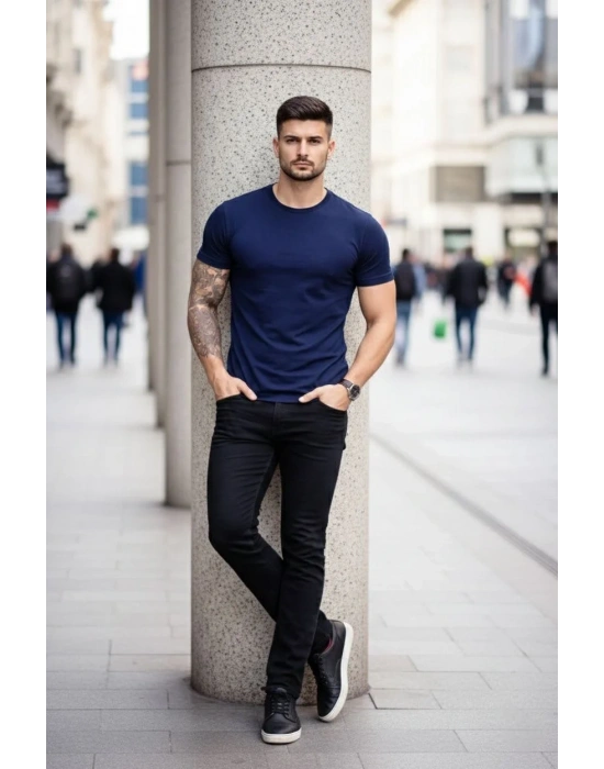 Erkek 2li Bisiklet Yaka Tişört – Kısa Kollu Yazlık Slim Fit Body - Siyah & Lacivert