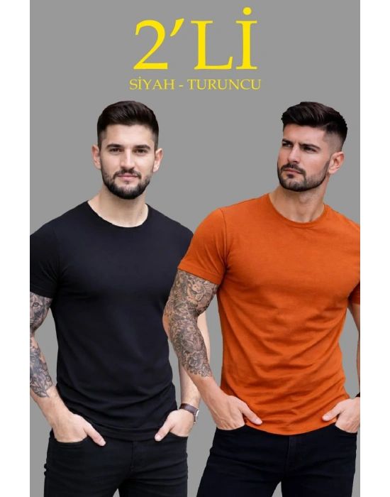 Erkek 2li Bisiklet Yaka Tişört – Kısa Kollu Yazlık Slim Fit Body - Siyah & Turuncu