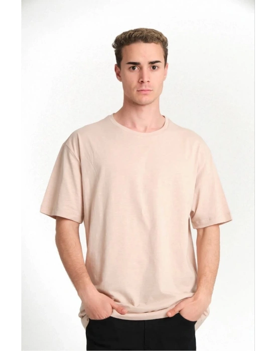 Erkek 24/1 Düz A Kalite Oversize T-shirt - Bej