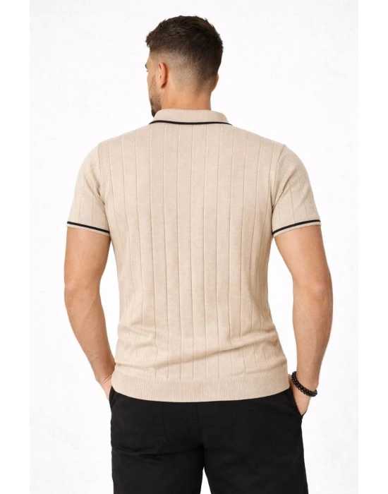 Erkek 2’li Paket Dokuma Triko  Fermuarlı Yakalı Fitilli Kısa Kollu Regular Fit Tişört - Bej & Siyah