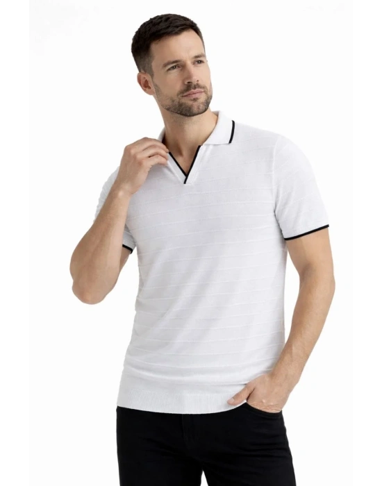Erkek 2’li Paket Triko Yakalı Düğmesiz Açık Yaka Fitilli Kısa Kollu - Beyaz & Mint Yeşili