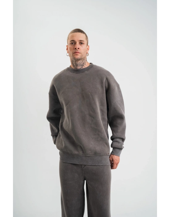 Erkek 3 İplik Pamuklu Yağ Yıkamalı Sweatshirt Double Oversize Bisiklet Yaka Uzun - Füme