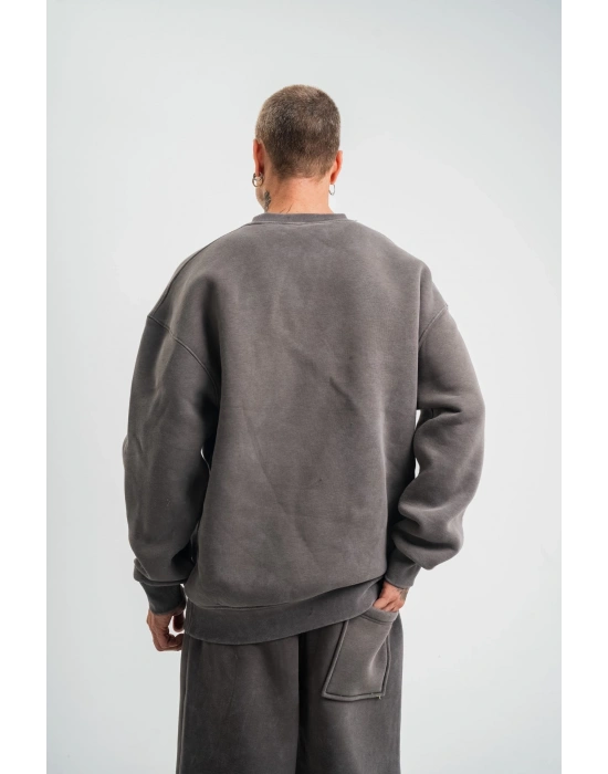 Erkek 3 İplik Pamuklu Yağ Yıkamalı Sweatshirt Double Oversize Bisiklet Yaka Uzun - Füme