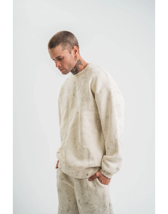 Erkek 3 İplik Pamuklu Yağ Yıkamalı Sweatshirt Double Oversize Bisiklet Yaka Uzun Kol - Krem