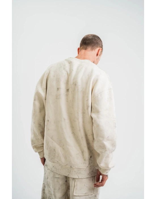 Erkek 3 İplik Pamuklu Yağ Yıkamalı Sweatshirt Double Oversize Bisiklet Yaka Uzun Kol - Krem