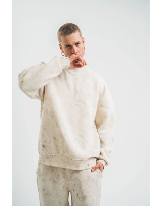 Erkek 3 İplik Pamuklu Yağ Yıkamalı Sweatshirt Double Oversize Bisiklet Yaka Uzun Kol - Krem