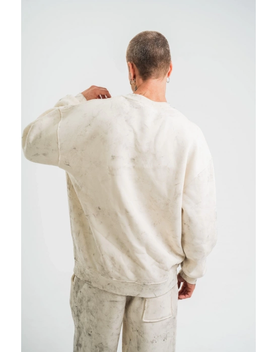 Erkek 3 İplik Pamuklu Yağ Yıkamalı Sweatshirt Double Oversize Bisiklet Yaka Uzun Kol - Krem