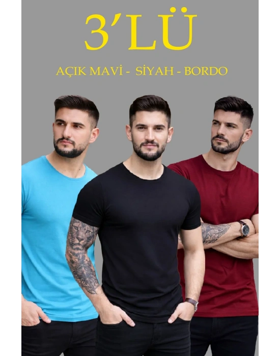 Erkek 3lü Bisiklet Yaka Tişört – Kısa Kollu Yazlık Slim Fit Body - Siyah, Açık Mavi, Bordo