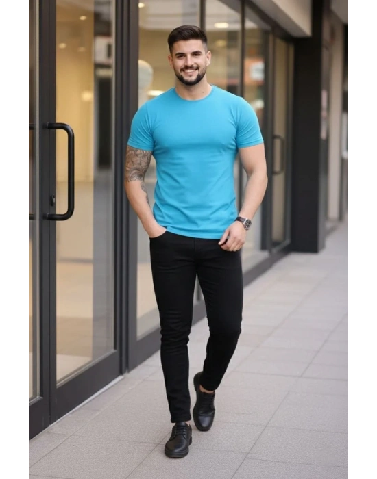 Erkek 3lü Bisiklet Yaka Tişört – Kısa Kollu Yazlık Slim Fit Body - Siyah, Açık Mavi, Bordo