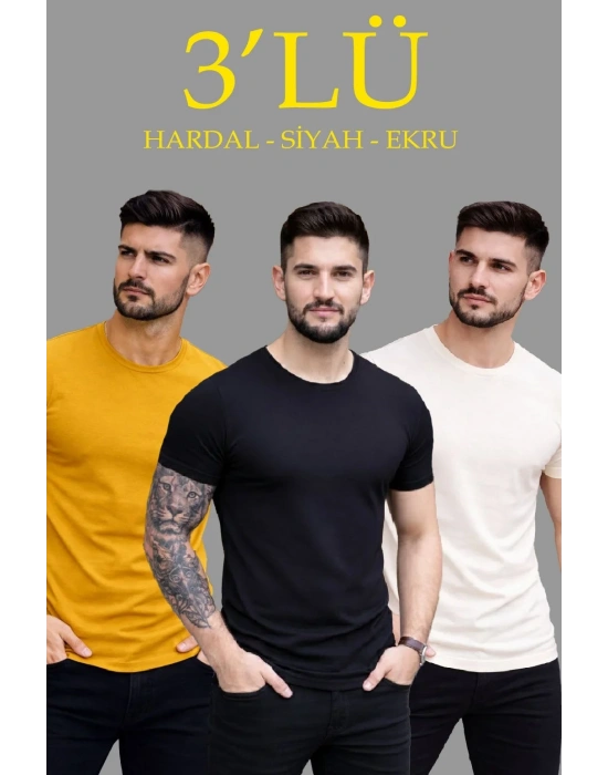 Erkek 3lü Bisiklet Yaka Tişört – Kısa Kollu Yazlık Slim Fit Body - Siyah, Ekru, Hardal