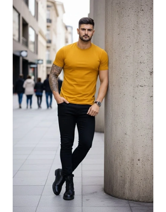 Erkek 3lü Bisiklet Yaka Tişört – Kısa Kollu Yazlık Slim Fit Body - Siyah, Ekru, Hardal