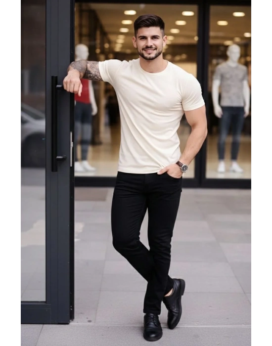 Erkek 3lü Bisiklet Yaka Tişört – Kısa Kollu Yazlık Slim Fit Body - Siyah, Ekru, Hardal