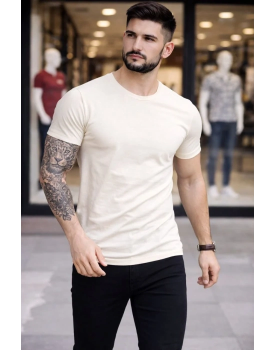 Erkek 3lü Bisiklet Yaka Tişört – Kısa Kollu Yazlık Slim Fit Body - Siyah, Ekru, Hardal