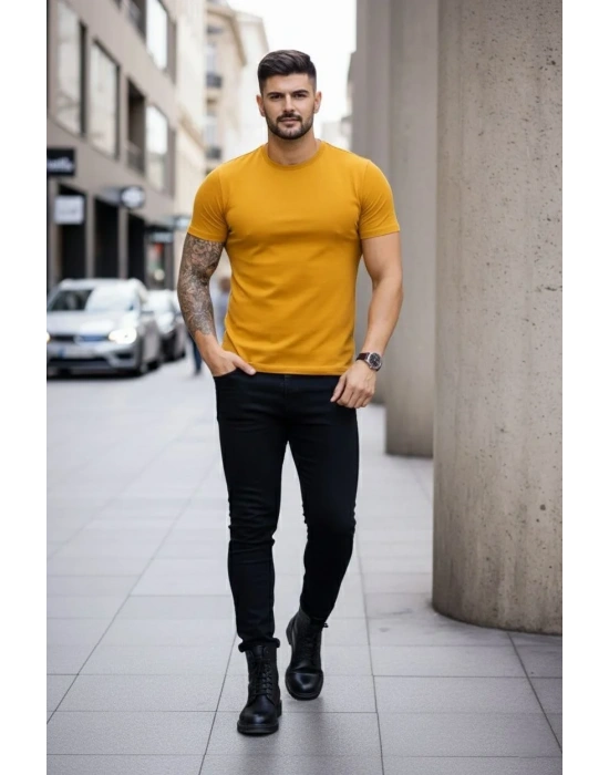 Erkek 3lü Bisiklet Yaka Tişört – Kısa Kollu Yazlık Slim Fit Body - Siyah, Ekru, Hardal