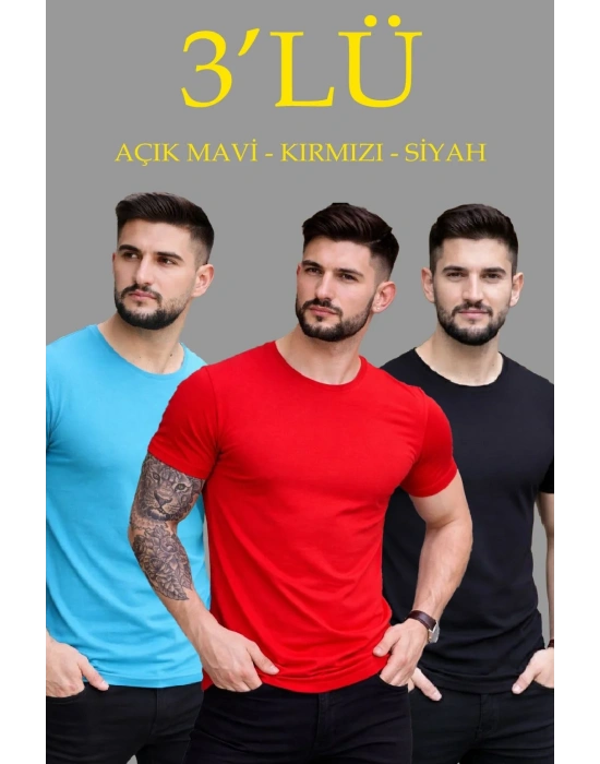 Erkek 3lü Bisiklet Yaka Tişört – Kısa Kollu Yazlık Slim Fit Body - Siyah, Kırmızı, Açık Mavi