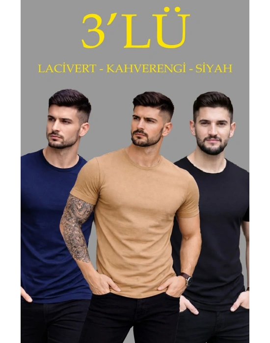 Erkek 3lü Bisiklet Yaka Tişört – Kısa Kollu Yazlık Slim Fit Body - Siyah, Lacivert, Kahverengi