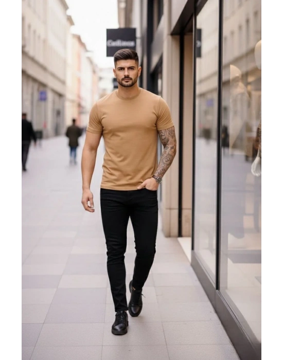 Erkek 3lü Bisiklet Yaka Tişört – Kısa Kollu Yazlık Slim Fit Body - Siyah, Lacivert, Kahverengi