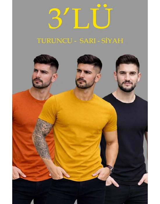 Erkek 3lü Bisiklet Yaka Tişört – Kısa Kollu Yazlık Slim Fit Body - Siyah, Turuncu, Sarı