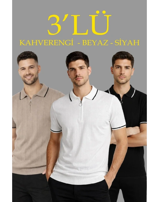 Erkek 3’lü Paket Dokuma Triko Fermuarlı Yakalı Fitilli Kısa Kollu Regular Fit Tişört -