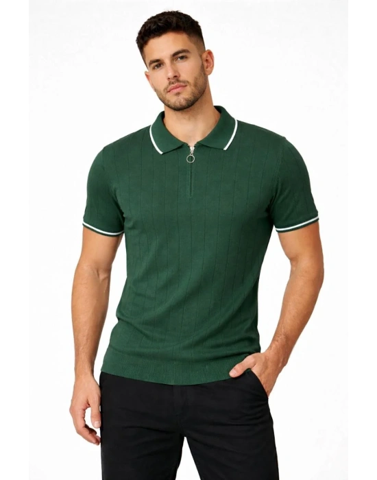 Erkek 3’lü Paket Dokuma Triko Fermuarlı Yakalı Fitilli Kısa Kollu Regular Fit Tişört -