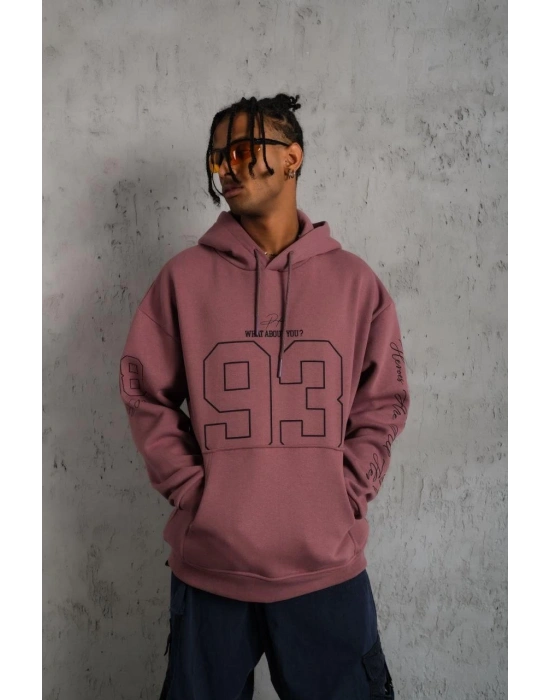 Erkek 93 Dijital Parça Baskılı Kapşonlu Sweat - Gül Kurusu