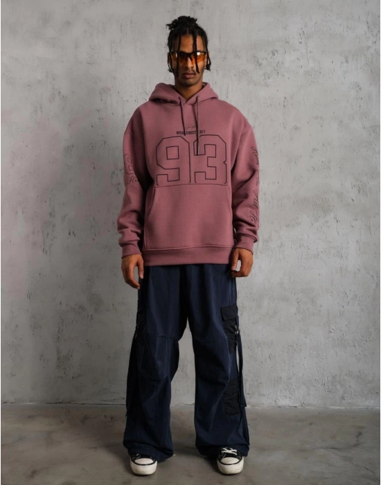 Erkek 93 Dijital Parça Baskılı Kapşonlu Sweat - Gül Kurusu